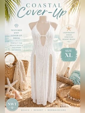 White Sheer Knit Cover Up Dress XL Halter Slit Beach Resort